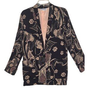 Kensington Square SMALL Black Floral Rayon Blazer Jacket Pockets VTG Career Y2K